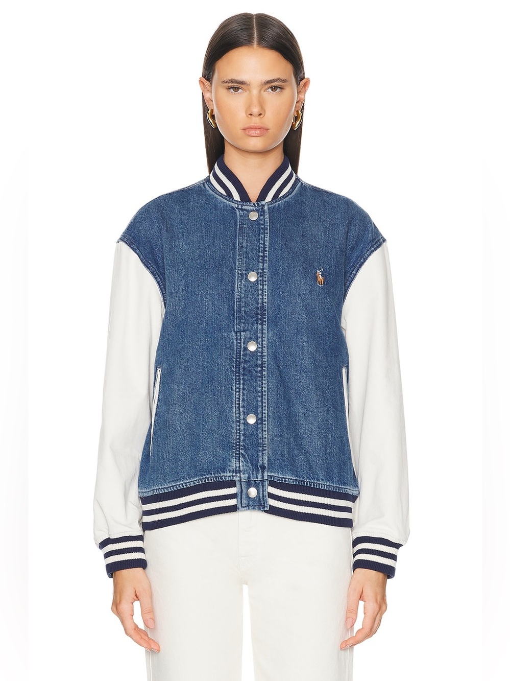 Polo by Ralph Lauren pony patriotic USA flag striped denim jean bomber jacket M